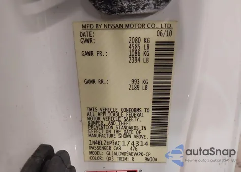 2010 Nissan Altima 3.5 Sr z USA, uszkodzony, nr VIN 1N4BL2EP3AC174314